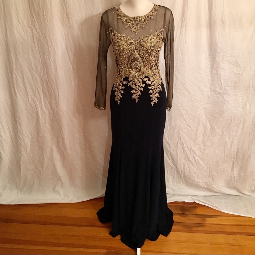 Dress Navy Sheer Rhinestone Long Sleeve
